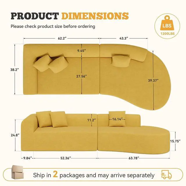 Alt view image 2 of 7 - 126" Modular Sectional Sofa, Modern Cloud Curved Couch with Deep Seat, Upholstered Oversized Couches for Living Room, No Assembly Required, Yellow Chenille Fabric, 1 PCS