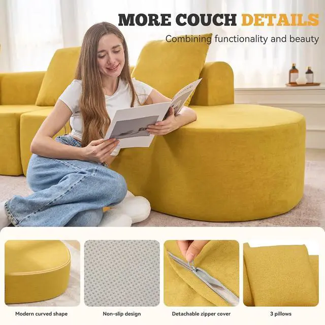 Alt view image 6 of 7 - 126" Modular Sectional Sofa, Modern Cloud Curved Couch with Deep Seat, Upholstered Oversized Couches for Living Room, No Assembly Required, Yellow Chenille Fabric, 1 PCS
