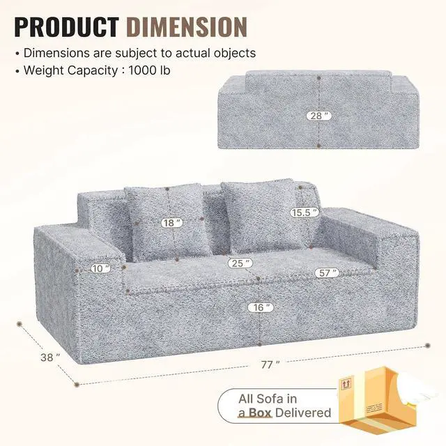 Alt view image 2 of 7 - 77'' Chenille Upholstered Modern Cloud Loveseat Sofa, No Assembly Required Deep Seat Couches Includes 2 pcs Pillows for Living Room, Bedroom, Apartment(Grey)
