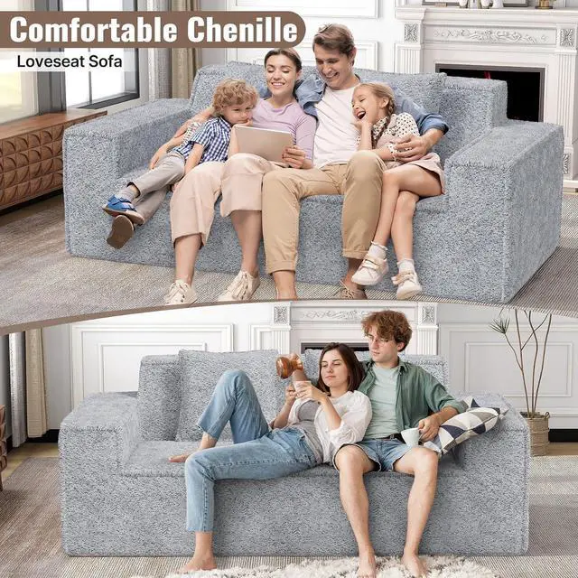 Alt view image 5 of 7 - 77'' Chenille Upholstered Modern Cloud Loveseat Sofa, No Assembly Required Deep Seat Couches Includes 2 pcs Pillows for Living Room, Bedroom, Apartment(Grey)
