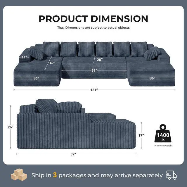 Alt view image 2 of 7 - 131'' Modular Sectional Cloud Sofa, U-Shaped Boneless Couches with Chaise Lounge Deep Seat with 8 pcs Pillows, Fluffy Memory Foam(No Assembly Required)