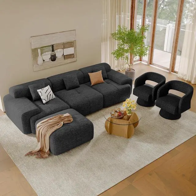 Main image of Living Room Furniture Sets, L-Shaped Boneless Cloud Couch with 2 PCS Swivel Accent Chairs & Coffee Table, Modern Modular Sectional Sofa Set, Black