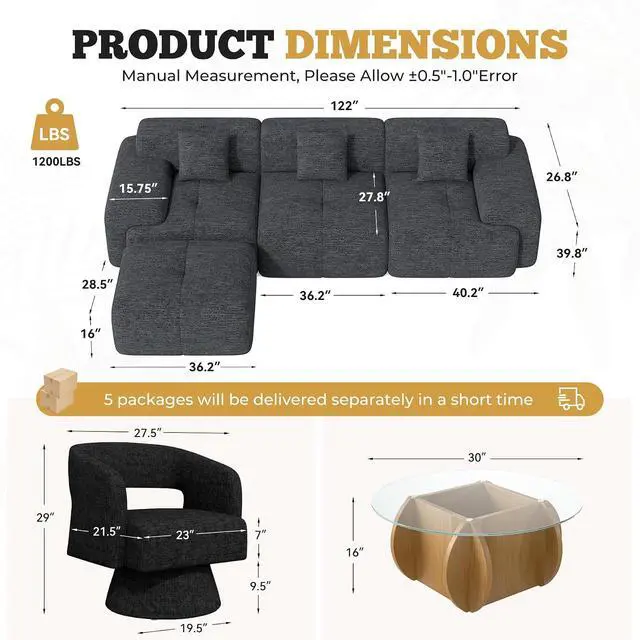 Alt view image 2 of 7 - Living Room Furniture Sets, L-Shaped Boneless Cloud Couch with 2 PCS Swivel Accent Chairs & Coffee Table, Modern Modular Sectional Sofa Set, Black