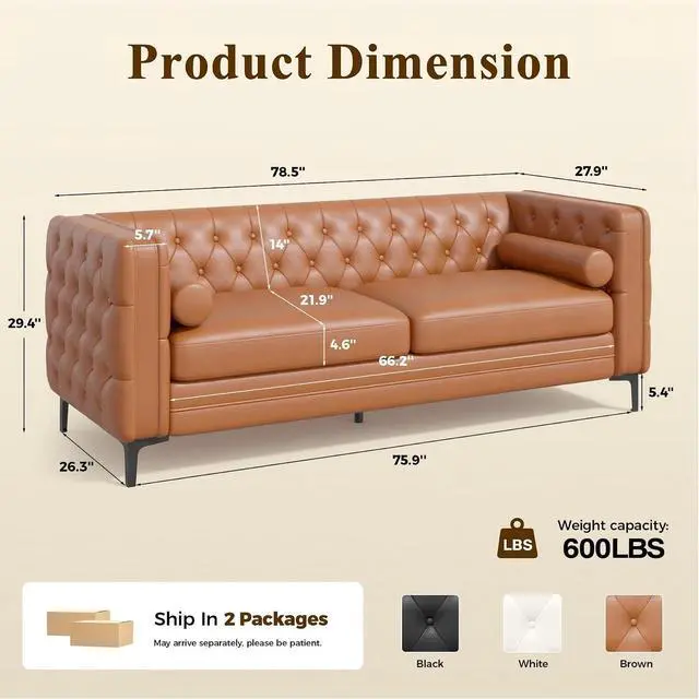 Alt view image 2 of 7 - Faux Leather Couch for Living Room, Mid-Century Modern Sofa with Button Tufting, Metal Legs and 2 Bolster Pillows, Comfortable Deep Seat for Apartment, Office, Caramel 1 PCS