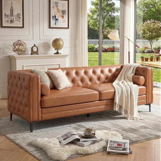 Main image of Faux Leather Couch for Living Room, Mid-Century Modern Sofa with Button Tufting, Metal Legs and 2 Bolster Pillows, Comfortable Deep Seat for Apartment, Office, Caramel 1 PCS