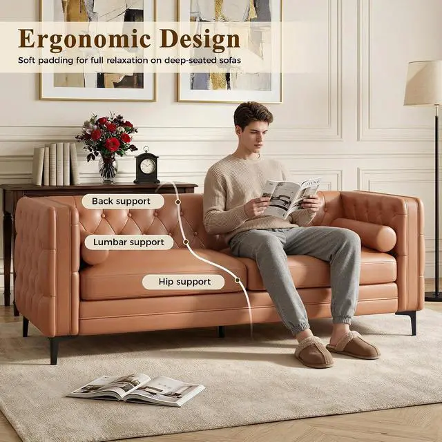 Alt view image 3 of 7 - Faux Leather Couch for Living Room, Mid-Century Modern Sofa with Button Tufting, Metal Legs and 2 Bolster Pillows, Comfortable Deep Seat for Apartment, Office, Caramel 1 PCS