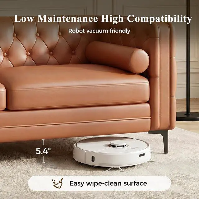 Alt view image 5 of 7 - Faux Leather Couch for Living Room, Mid-Century Modern Sofa with Button Tufting, Metal Legs and 2 Bolster Pillows, Comfortable Deep Seat for Apartment, Office, Caramel 1 PCS