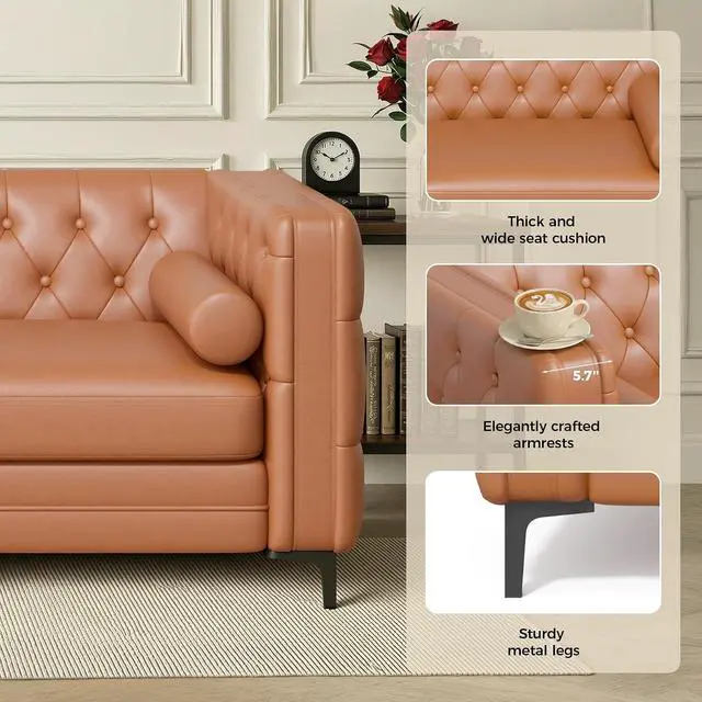 Alt view image 6 of 7 - Faux Leather Couch for Living Room, Mid-Century Modern Sofa with Button Tufting, Metal Legs and 2 Bolster Pillows, Comfortable Deep Seat for Apartment, Office, Caramel 1 PCS