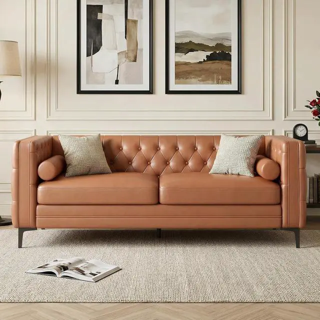 Alt view image 7 of 7 - Faux Leather Couch for Living Room, Mid-Century Modern Sofa with Button Tufting, Metal Legs and 2 Bolster Pillows, Comfortable Deep Seat for Apartment, Office, Caramel 1 PCS