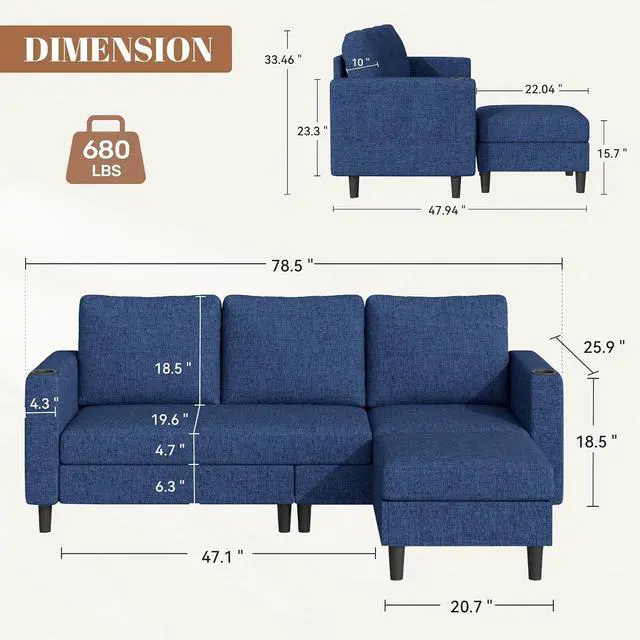 Alt view image 2 of 7 - Upholstered Sectional Sofa and Couches, 78'' L Shaped 3-seat Sofa forLiving Room, Apartment, Lounge,Bedroom-Washable Covers Convertible Sofas(Linen Fabric,Blue)