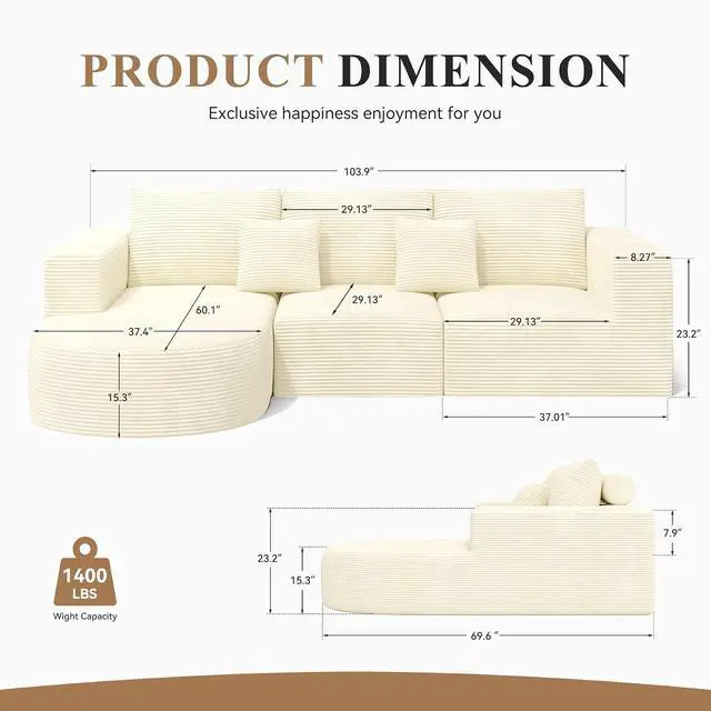 Alt view image 2 of 7 - L-Shaped Boneless Couch,104" Couches for Living Room with Curved Chaise,Modular Sectional Sofa with Deep Seat,Modern Cozy Cloud Compression Sofas,No Assembly Required(Beige) 1PCS