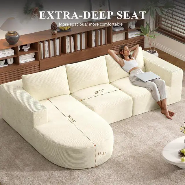 Alt view image 5 of 7 - L-Shaped Boneless Couch,104" Couches for Living Room with Curved Chaise,Modular Sectional Sofa with Deep Seat,Modern Cozy Cloud Compression Sofas,No Assembly Required(Beige) 1PCS
