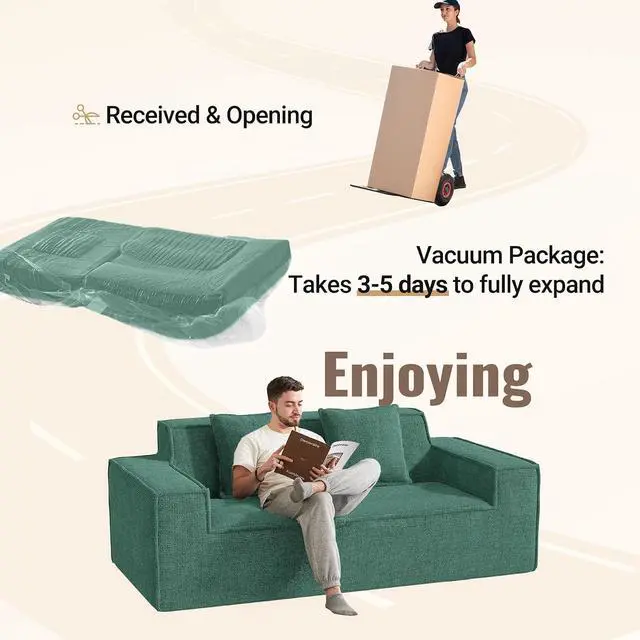Alt view image 3 of 7 - 77in Modern Small Cloud Loveseat Sofa, No Assembly Required Boneless Love Seat Couches Includes 2 pcs Pillows for Living Room, Bedroom, Apartment-Green