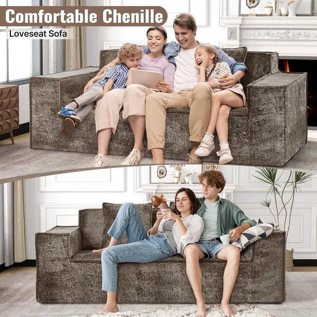 Alt view image 3 of 7 - 77'' Modern Cloud Loveseat Sofa in Chenille, Deep Seat Boneless Couches Includes 2 pcs Pillows for Living Room, Bedroom, Apartment(Coffe)