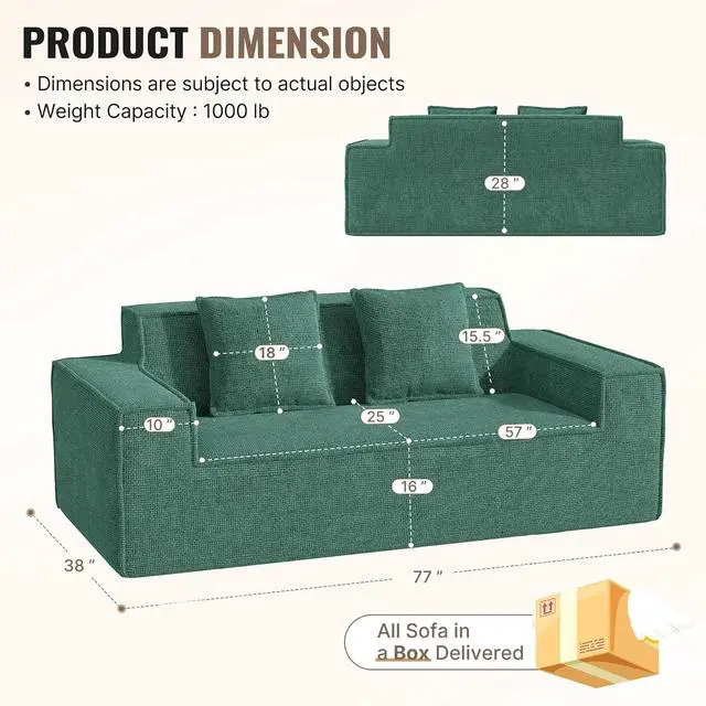 Alt view image 2 of 7 - 77in Modern Small Cloud Loveseat Sofa, No Assembly Required Boneless Love Seat Couches Includes 2 pcs Pillows for Living Room, Bedroom, Apartment-Green