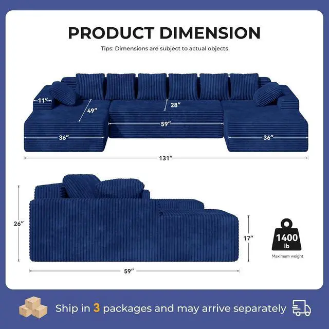 Alt view image 2 of 7 - 131'' Large Sectional Couches with Chaise Lounge, U-Shaped No Assembly Required Deep Seat Modular Cloud Sofa for Living Room 1PCS, Bedroom