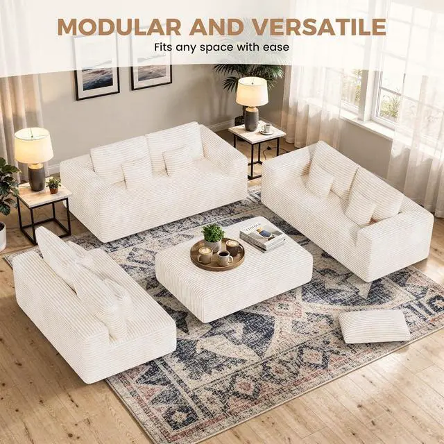 Alt view image 5 of 7 - 136'' Large Sectional Cloud Couches with Chaise, U Shaped Boneless Sofa Bed with Ottoman, No Assembly Required Deep Seat Modular Lounge for Living Room 4PCS Set, Bedroom(Beige)