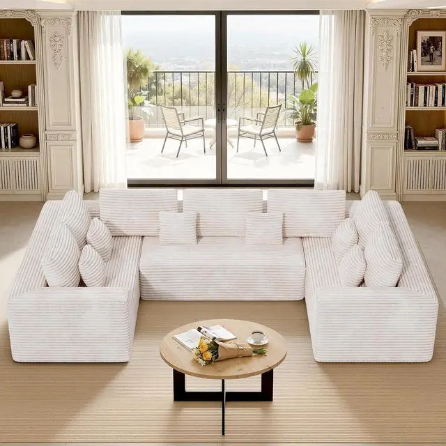 Main image of 136'' Large Sectional Cloud Couches with Chaise, U Shaped Boneless Loveseat Sofa, No Assembly Required Deep Seat Modular Lounge for Living Room 3PCS Set, Bedroom(Beige)