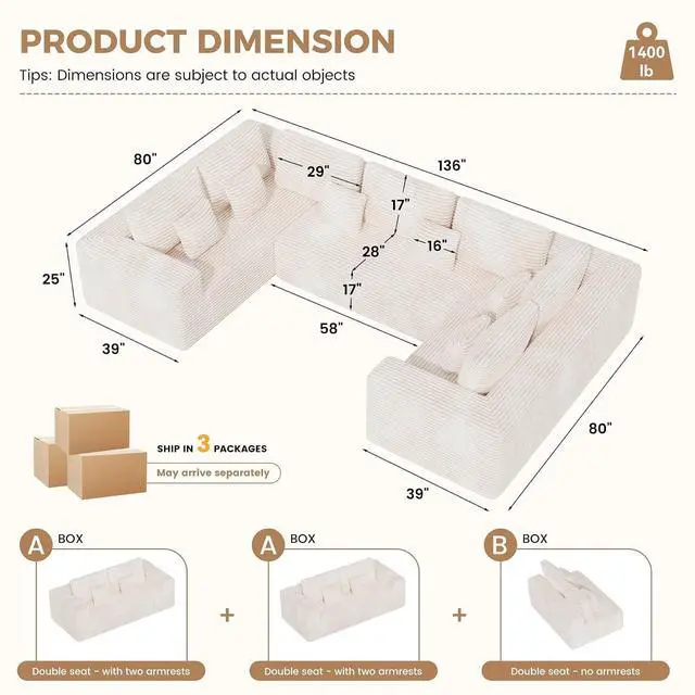 Alt view image 2 of 7 - 136'' Large Sectional Cloud Couches with Chaise, U Shaped Boneless Loveseat Sofa, No Assembly Required Deep Seat Modular Lounge for Living Room 3PCS Set, Bedroom(Beige)