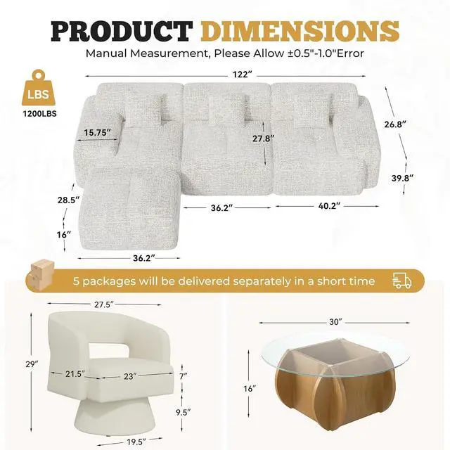 Alt view image 2 of 7 - Living Room Furniture Sets, L-Shaped Boneless Cloud Couch with 2 PCS Swivel Accent Chairs & Coffee Table, Modern Modular Sectional Sofa Set, Beige