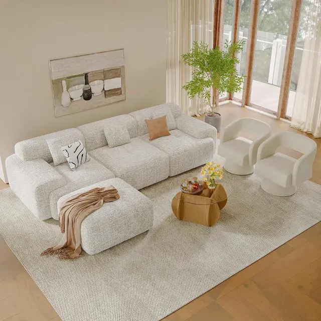 Main image of Living Room Furniture Sets, L-Shaped Boneless Cloud Couch with 2 PCS Swivel Accent Chairs & Coffee Table, Modern Modular Sectional Sofa Set, Beige