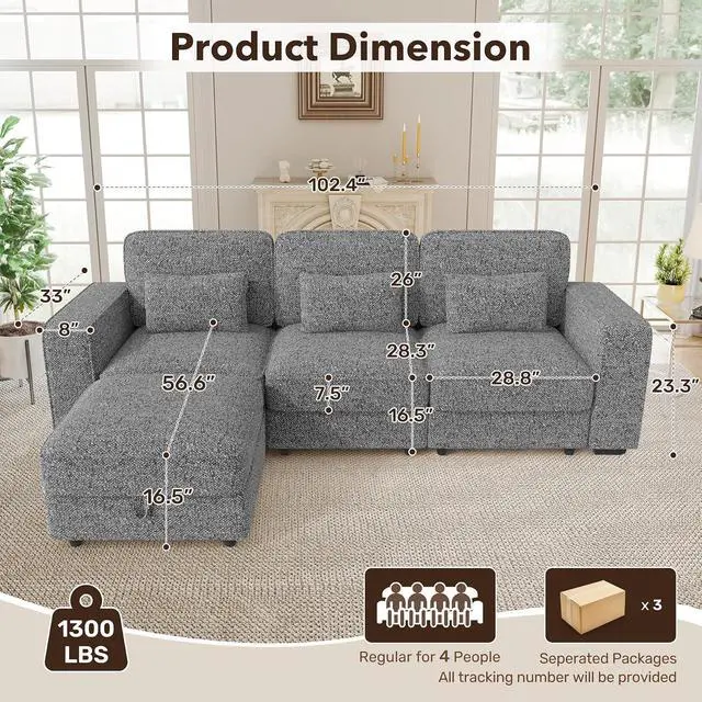 Alt view image 3 of 7 - 102" Convertible Sectional L-Shaped Sofa Couch with Storable Ottoman,Deep Seat Sofas for Living Room,Bedroom Apartment,with USB Type-C Ports and Pillow (Chenille,Dark Gary)