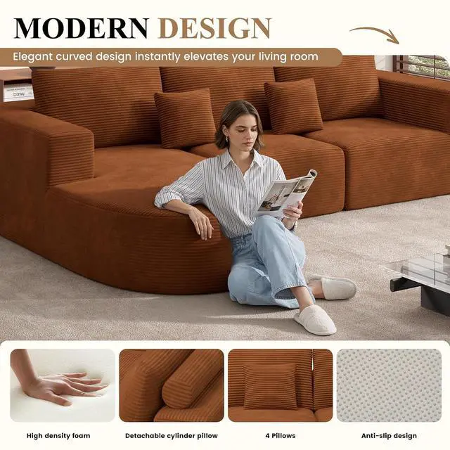 Alt view image 4 of 7 - Modern U Shaped Modular Sectional Sofa, Convertible Oversized Cloud Couches for Living Room, Comfy 8 Seater Corduroy Boneless Couch Sofa Set, No Assembly Required, Beige 1 PCS