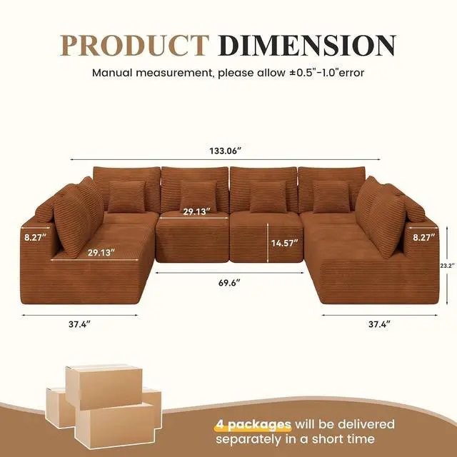 Alt view image 2 of 7 - Modern U Shaped Modular Sectional Sofa, Convertible Oversized Cloud Couches for Living Room, Comfy 8 Seater Corduroy Boneless Couch Sofa Set, No Assembly Required, Beige 1 PCS
