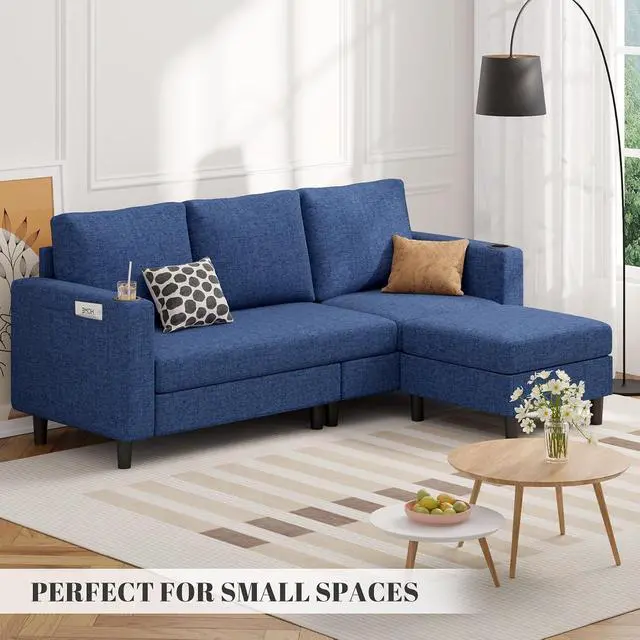 Alt view image 3 of 7 - Upholstered Sectional Sofa and Couches, 78'' L Shaped 3-seat Sofa forLiving Room, Apartment, Lounge,Bedroom-Washable Covers Convertible Sofas(Linen Fabric,Blue)