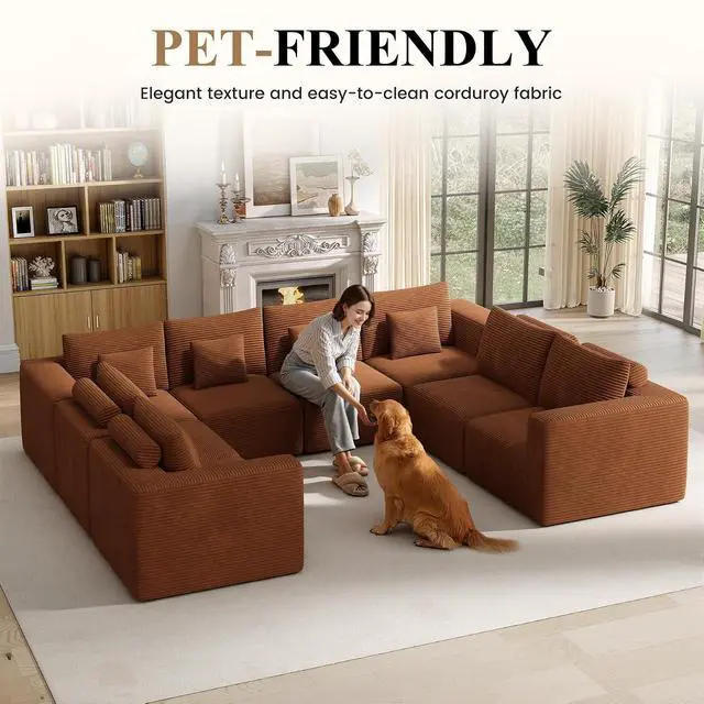 Alt view image 3 of 7 - Modern U Shaped Modular Sectional Sofa, Convertible Oversized Cloud Couches for Living Room, Comfy 8 Seater Corduroy Boneless Couch Sofa Set, No Assembly Required, Beige 1 PCS