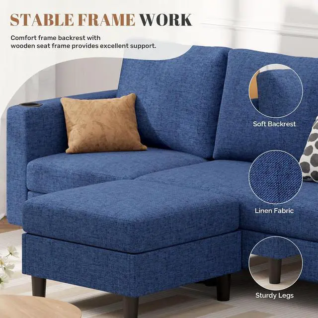 Alt view image 4 of 7 - Upholstered Sectional Sofa and Couches, 78'' L Shaped 3-seat Sofa forLiving Room, Apartment, Lounge,Bedroom-Washable Covers Convertible Sofas(Linen Fabric,Blue)
