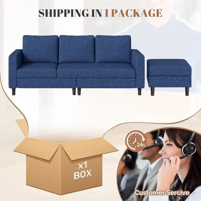 Alt view image 5 of 7 - Upholstered Sectional Sofa and Couches, 78'' L Shaped 3-seat Sofa forLiving Room, Apartment, Lounge,Bedroom-Washable Covers Convertible Sofas(Linen Fabric,Blue)