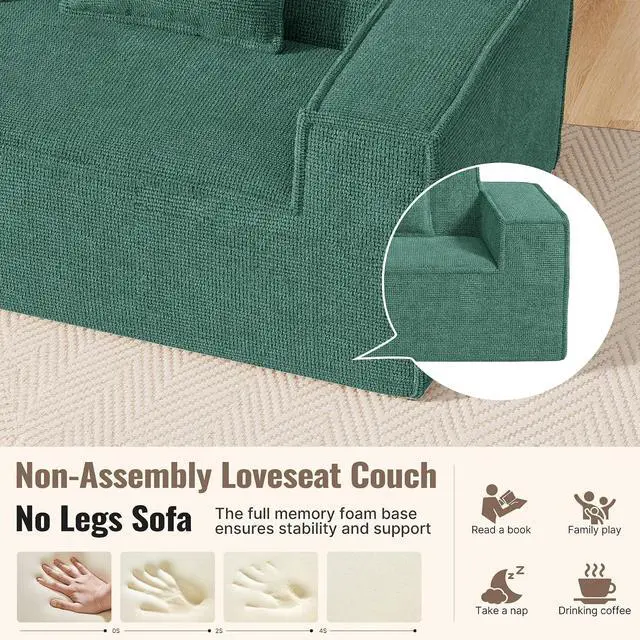 Alt view image 5 of 7 - 77in Modern Small Cloud Loveseat Sofa, No Assembly Required Boneless Love Seat Couches Includes 2 pcs Pillows for Living Room, Bedroom, Apartment-Green