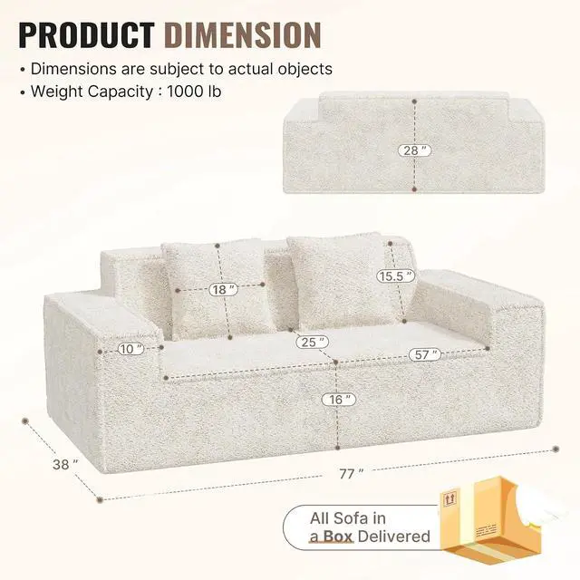 Alt view image 2 of 7 - 77'' Modern Cloud Loveseat Sofa in Chenille, Deep Seat Boneless Couches Includes 2 pcs Pillows for Living Room, Bedroom, Apartment(Beige)
