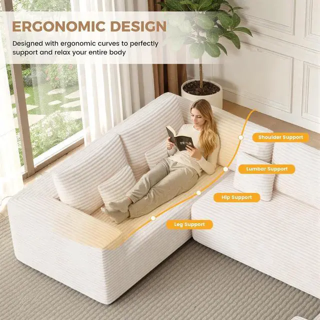 Alt view image 7 of 7 - 136'' Large Sectional Cloud Couches with Chaise, U Shaped Boneless Sofa Bed with Ottoman, No Assembly Required Deep Seat Modular Lounge for Living Room 4PCS Set, Bedroom(Beige)