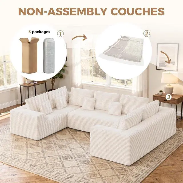 Alt view image 4 of 7 - 136'' Large Sectional Cloud Couches with Chaise, U Shaped Boneless Loveseat Sofa, No Assembly Required Deep Seat Modular Lounge for Living Room 3PCS Set, Bedroom(Beige)