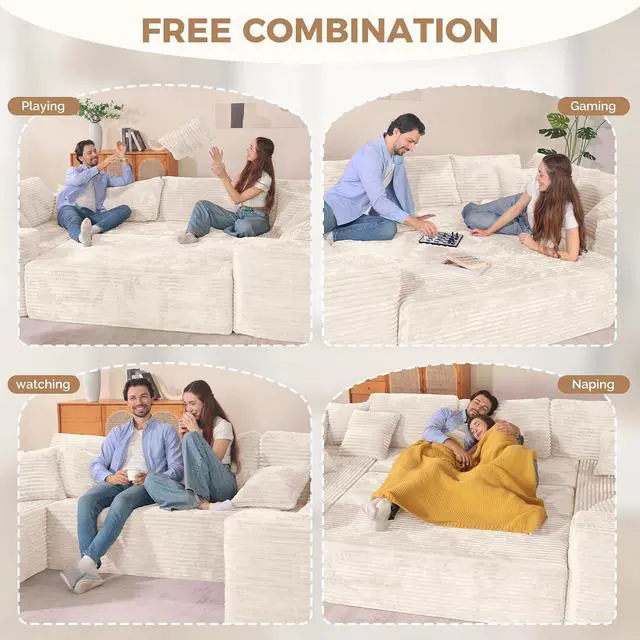 Alt view image 4 of 7 - 136'' Large Sectional Cloud Couches with Chaise, U Shaped Boneless Sofa Bed with Ottoman, No Assembly Required Deep Seat Modular Lounge for Living Room 4PCS Set, Bedroom(Beige)