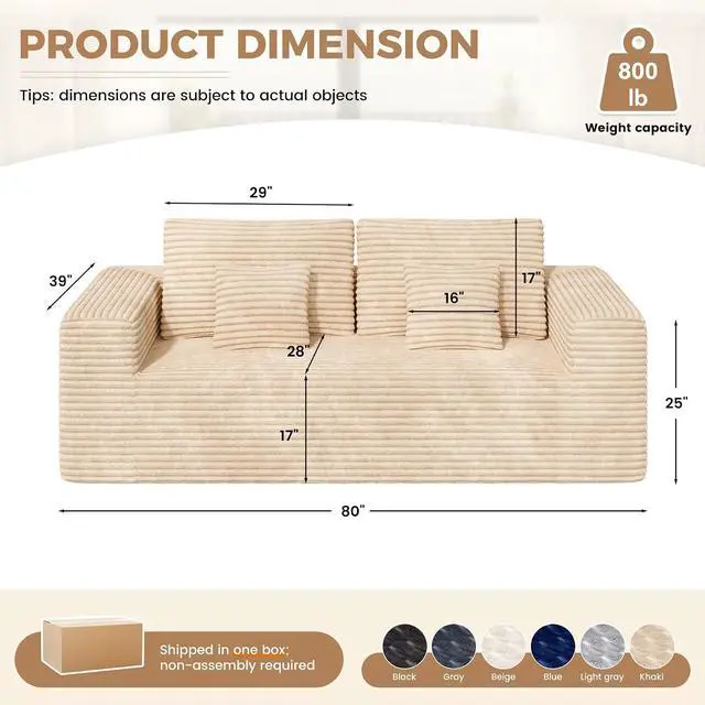 Alt view image 2 of 7 - 80'' Modern Cloud Loveseat Sofa, No Assembly Required Deep Seat Comfy Small Couches Includes 2 pcs Pillows for Living Room, Bedroom, Apartment(Khaki)