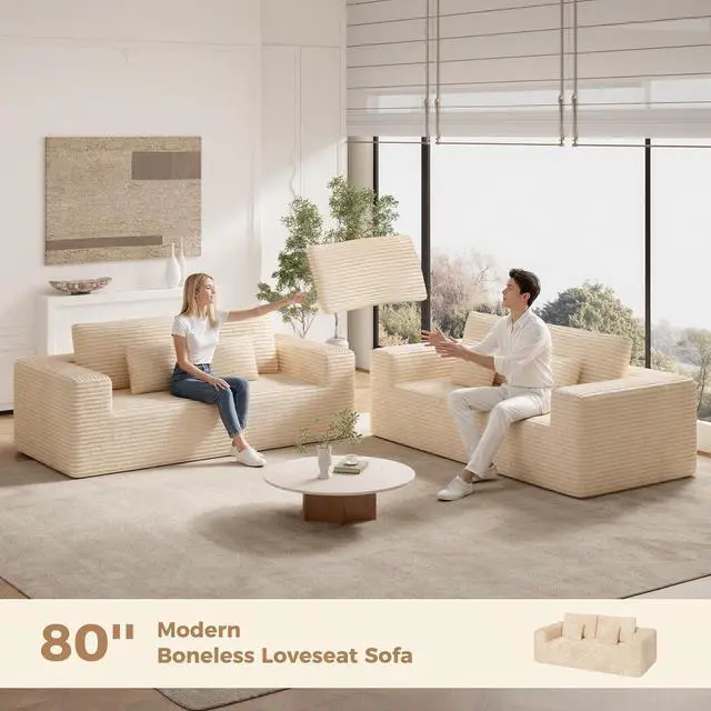 Alt view image 3 of 7 - 80'' Modern Cloud Loveseat Sofa, No Assembly Required Deep Seat Comfy Small Couches Includes 2 pcs Pillows for Living Room, Bedroom, Apartment(Khaki)