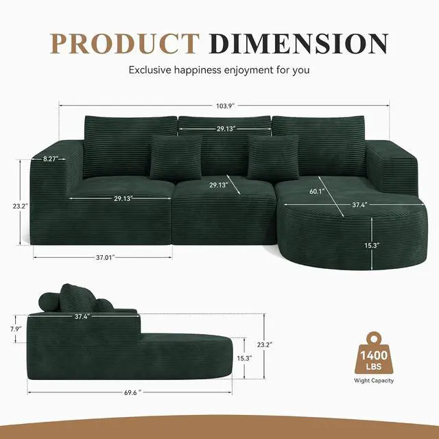 Alt view image 2 of 6 - L-Shaped Boneless Couch,104" Couches for Living Room with Curved Chaise,Modular Sectional Sofa with Deep Seat,Modern Cozy Cloud Compression Sofas,No Assembly Required(Green) 1PCS