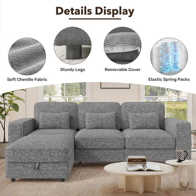 Alt view image 7 of 7 - 102" Convertible Sectional L-Shaped Sofa Couch with Storable Ottoman,Deep Seat Sofas for Living Room,Bedroom Apartment,with USB Type-C Ports and Pillow (Chenille,Dark Gary)