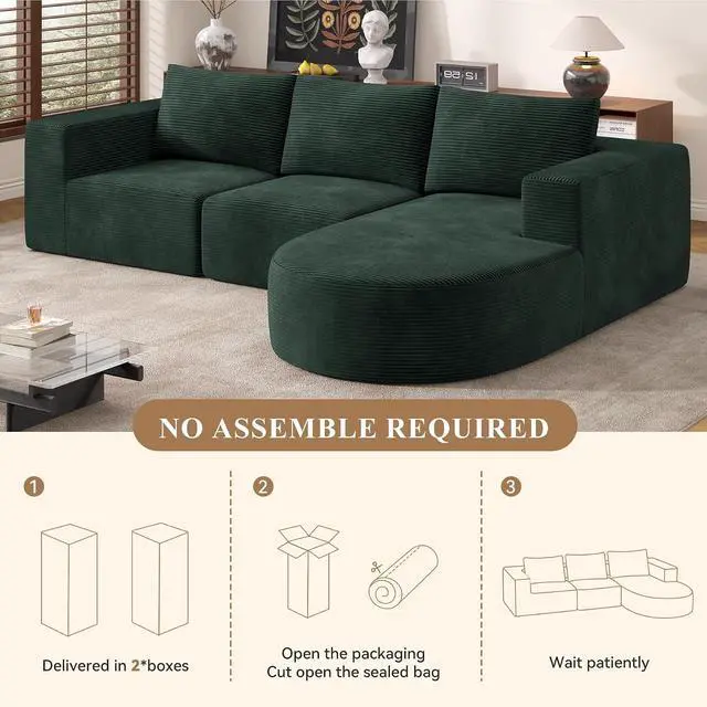 Alt view image 6 of 6 - L-Shaped Boneless Couch,104" Couches for Living Room with Curved Chaise,Modular Sectional Sofa with Deep Seat,Modern Cozy Cloud Compression Sofas,No Assembly Required(Green) 1PCS