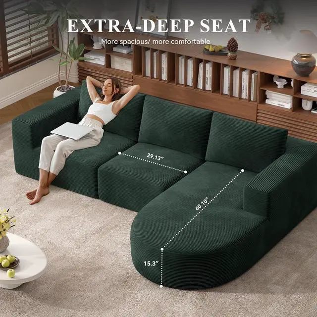 Alt view image 5 of 6 - L-Shaped Boneless Couch,104" Couches for Living Room with Curved Chaise,Modular Sectional Sofa with Deep Seat,Modern Cozy Cloud Compression Sofas,No Assembly Required(Green) 1PCS