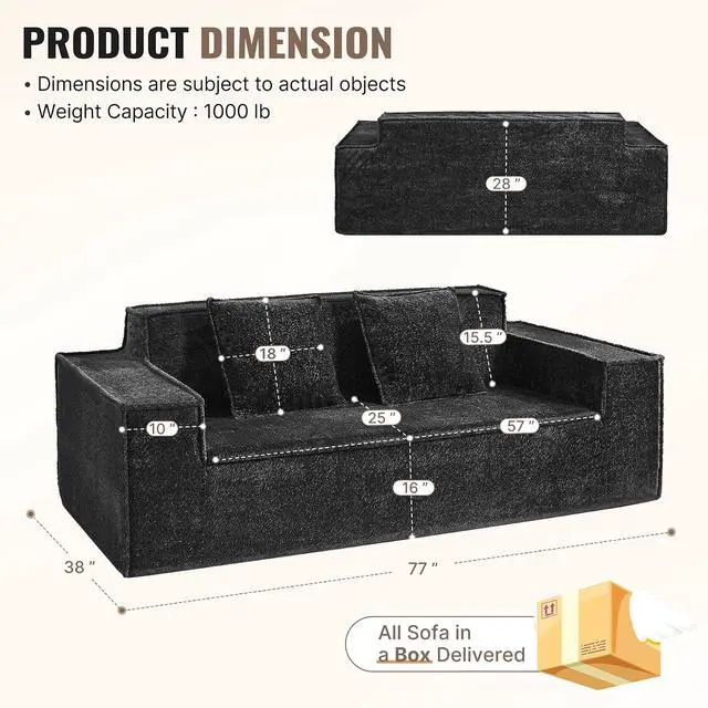 Alt view image 2 of 7 - 77'' Modern Cloud Loveseat Couch, No Assembly Required Deep Seat Sofa in Chenille Includes 2 pcs Pillows for Living Room, Bedroom, Apartment(Black)