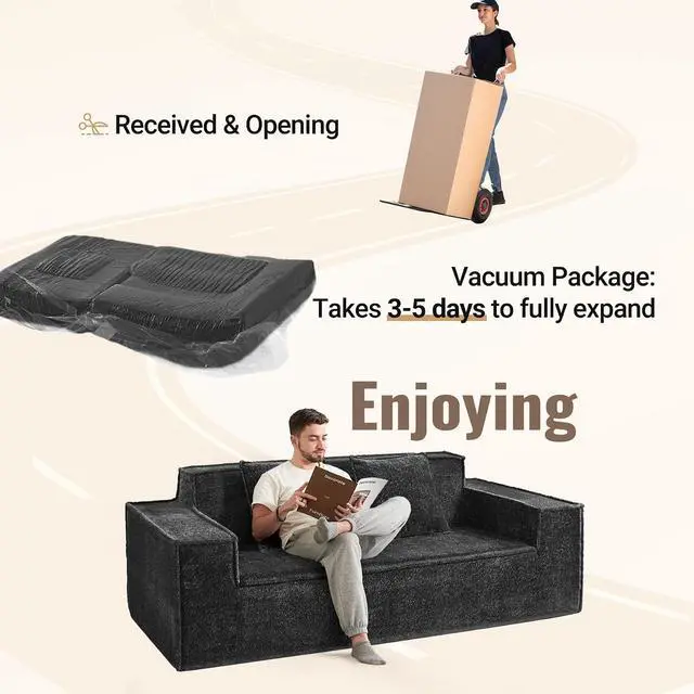 Alt view image 4 of 7 - 77'' Modern Cloud Loveseat Couch, No Assembly Required Deep Seat Sofa in Chenille Includes 2 pcs Pillows for Living Room, Bedroom, Apartment(Black)