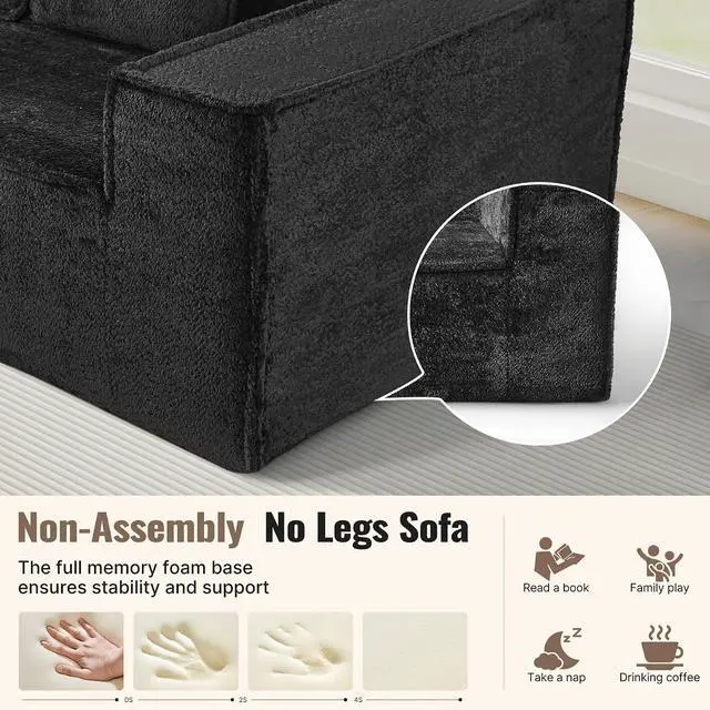 Alt view image 3 of 7 - 77'' Modern Cloud Loveseat Couch, No Assembly Required Deep Seat Sofa in Chenille Includes 2 pcs Pillows for Living Room, Bedroom, Apartment(Black)