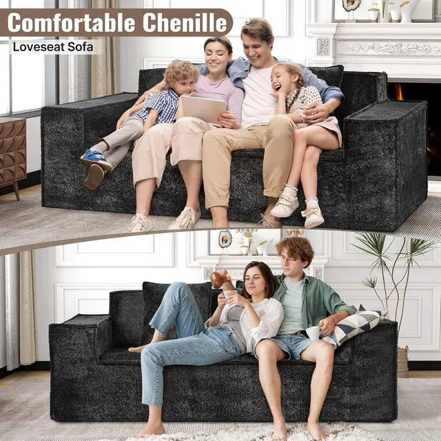 Alt view image 5 of 7 - 77'' Modern Cloud Loveseat Couch, No Assembly Required Deep Seat Sofa in Chenille Includes 2 pcs Pillows for Living Room, Bedroom, Apartment(Black)