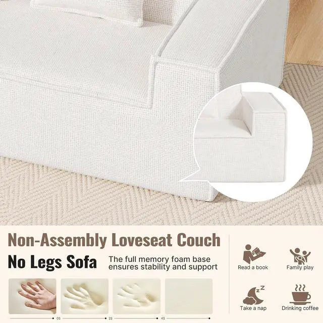 Alt view image 3 of 7 - 77in Modern Small Cloud Loveseat Sofa, No Assembly Required Boneless Love Seat Couches Includes 2 pcs Pillows for Living Room, Bedroom, Apartment-Beige