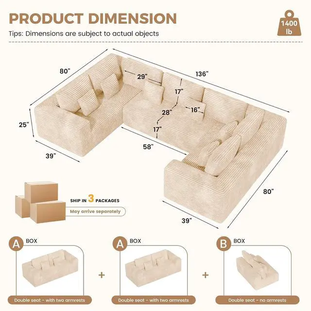 Alt view image 2 of 7 - 136'' Sectional Cloud Couches with Chaise, U Shaped Boneless Oversized 6 Seater Sofa, No Assembly Required Deep Seat Lounge for Living Room 3PCS Set, Bedroom(Khaki)