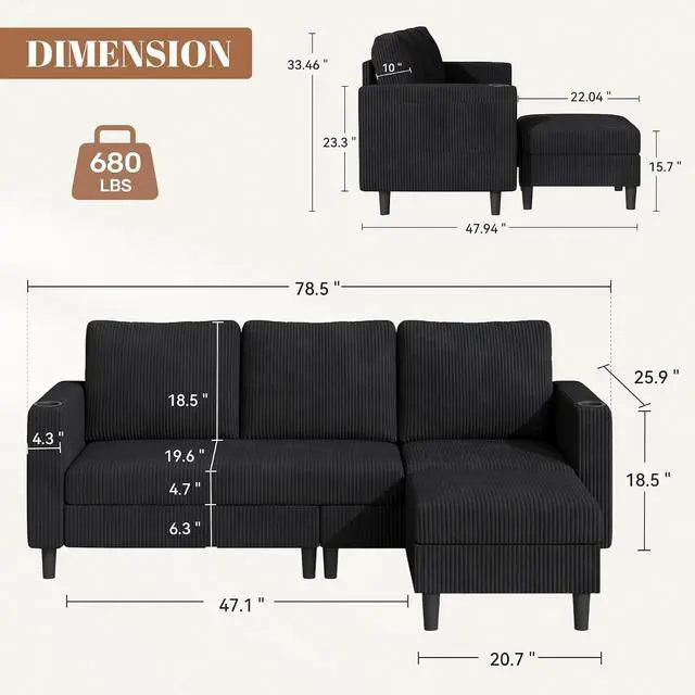 Alt view image 2 of 7 - Upholstered Sectional Sofa and Couches, 78'' L Shaped 3-seat Sofa forLiving Room, Apartment,Lounge,Bedroom-Washable Covers Convertible Sofas(Corduroy Fabric,Black)